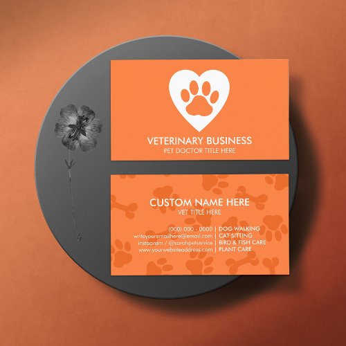 Pet Paw Logo Heart Orange Business Card