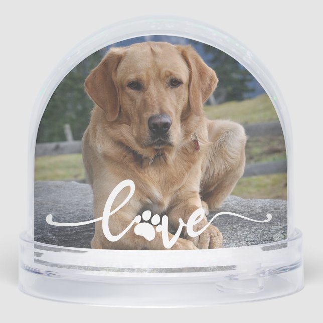 Pet Paw Love | Modern Script Personalized Photo Snow Globe (Back)
