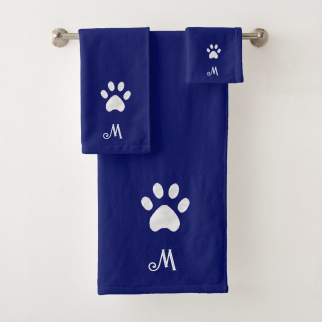Pet Paw & Monogram on Navy Blue Bath Towel Set (Insitu)