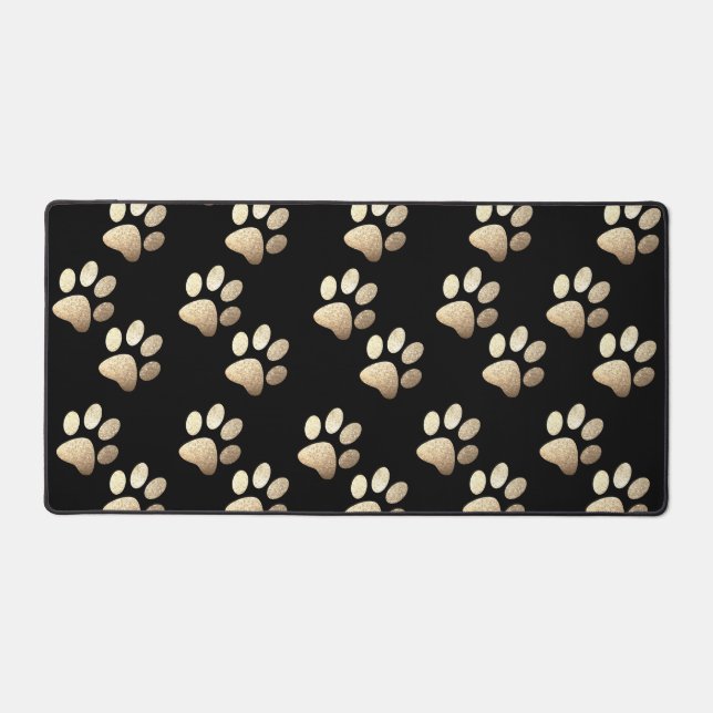 Pet paw ocher glitter print on black background desk mat (Front)