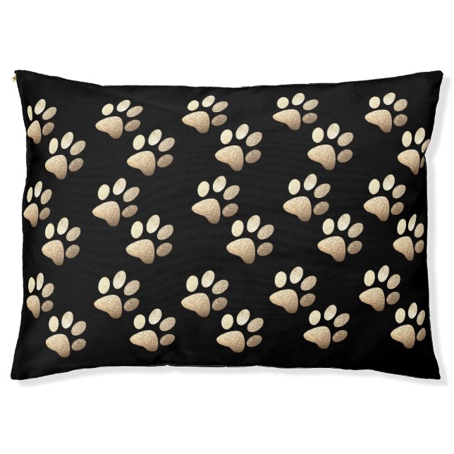 Pet paw ocher glitter print on black background pet bed (Front)