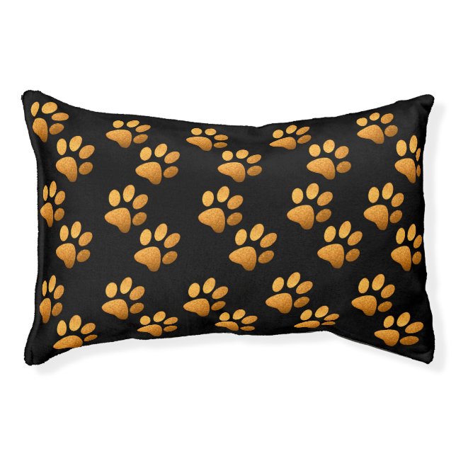 Pet paw orange glitter print on black background  bed (Front)