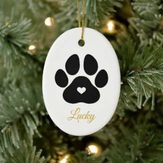 Pet Paw Print Black and Gold Personalized Name Ceramic Ornament