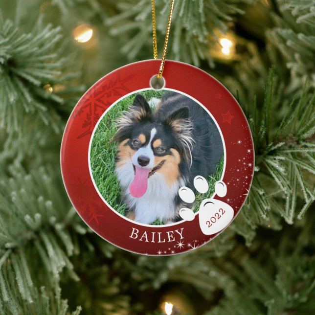 Pet Paw Print Christmas Red Snowflake Stars Photo Ceramic Ornament (Tree)