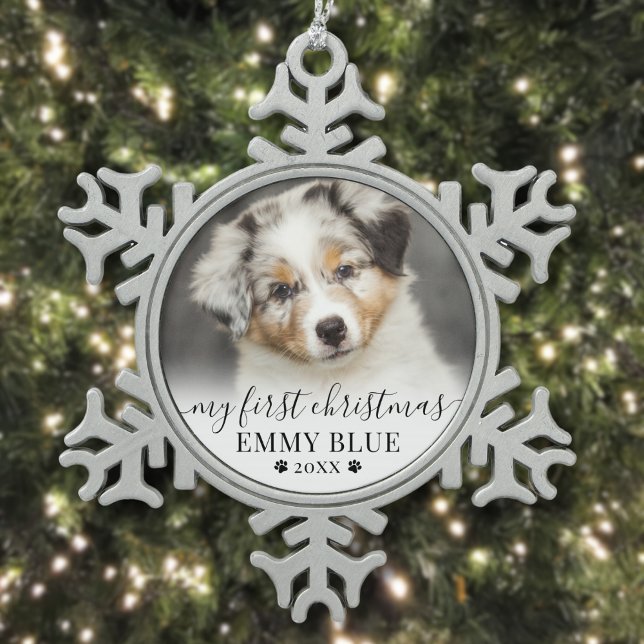 Pet Paw Print Dog Photo First Christmas Snowflake Pewter Christmas Ornament (Personalized Pet First Christmas Puppy Dog Photo Snowflake Pewter Christmas Ornament)