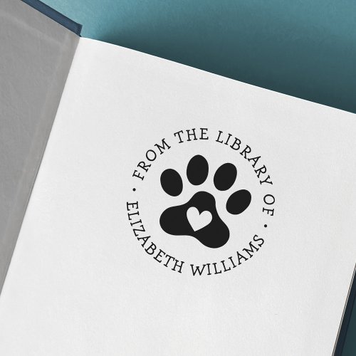 Pet paw print from the library of book add name rubber stamp