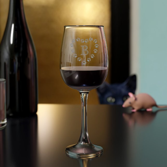 Pet Paw Print Heart Monogram Etched Wine Glass (A pretty etched wine glass with space for your initial. Purrfect gift for the Cat Mom in your live)