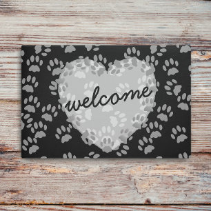 Pet Paw Print Heart Welcome Black White Doormat
