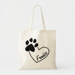Pet Paw Print on Heart With Custom Name Tote Bag