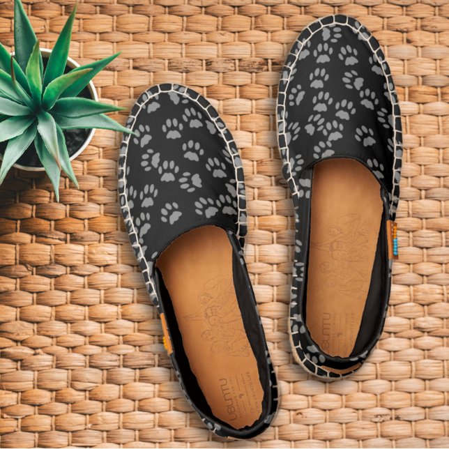 Pet Paw Print Pattern Black and Gray Espadrilles (My cat loves toes. Cover yours up with a pair of these cute black and gray paw print pattern shoes)