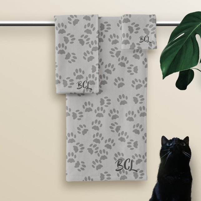 Pet Paw Print Pattern Monogram Gray Bath Towel Set (Creator Uploaded)