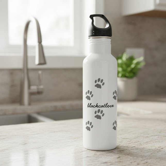 Pet Paw Print Personalized Cat Lover Water Bottle (Add your name to this paw print water bottle. Purrfect gift for the Cat Mom in your life)