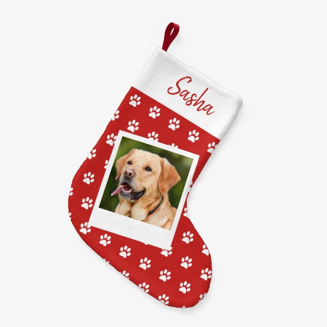 Pet Paw Print Personalized Name and Photo Small Christmas Stocking (Front (Hanging))