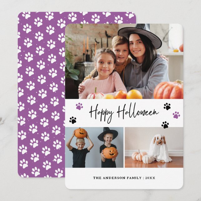 Pet Paw Print Photo Collage Violet Halloween Card (Front/Back)