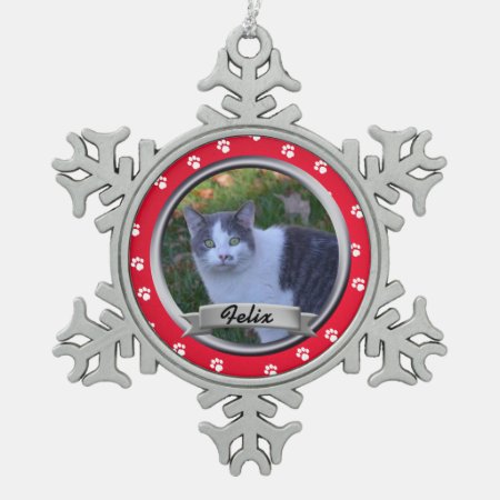 Pet Paw Print Photo Keepsake Snowflake Pewter Christmas Ornament