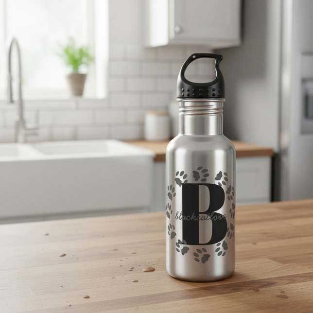 Pet Paw Prints Bold Monogram Water Bottle (Add your initial and name to this pet paw print water bottle)