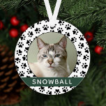 Pet Paw Prints Green Personalized Cat Name Photo Ornament<br><div class="desc">Personalize this stylish paw print Christmas ornament design with your pet cat (or dog) name and a favorite photo of your furry family member. Background includes a modern black and white pet paw print pattern with a hunter green accent stripe.</div>