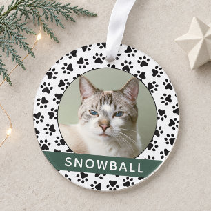 Pet Paw Prints Green Personalized Cat Name Photo Ornament