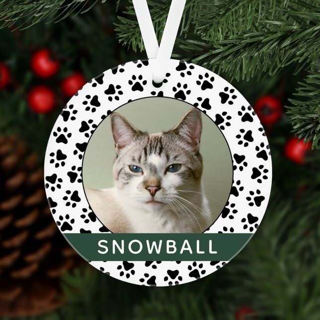 Pet Paw Prints Green Personalized Cat Name Photo Ornament (Creator Uploaded)