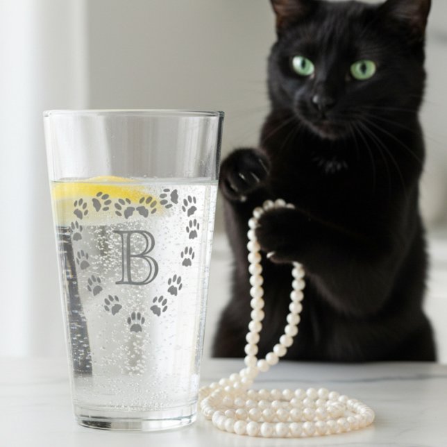 Pet Paw Prints Heart Monogram Cat Water Glass (This elegant glass features a paw print heart and your initial.)