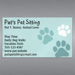 Pet Paw Prints on Teal Cat and Dog Animal Services Magnetic Business Card