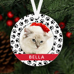 Pet Paw Prints Red Personalized Cat Name Photo Ornament<br><div class="desc">Personalize this stylish paw print Christmas ornament design with your pet cat (or dog) name and a favorite photo of your furry family member. Background includes a modern black and white pet paw print pattern with a festive red accent stripe.</div>