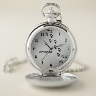 Pet Paw Prints Silver Black Numbers Personal Pocket Watch