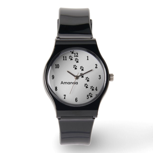 Pet Paw Prints Silver Black Numbers Personal Watch (Front)