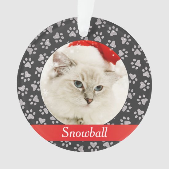 Pet Paw Prints Silver Red Personalized Cat Photo Ornament