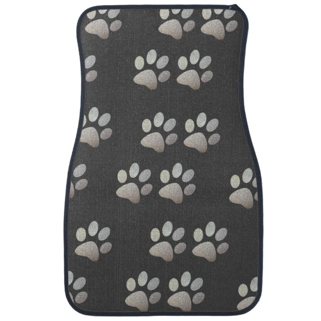 Pet paw silver glitter print on gray background car floor mat (Front)