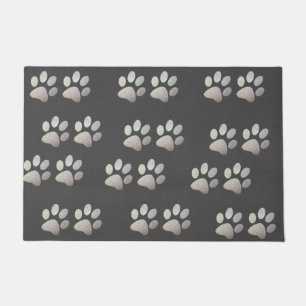 Pet paw silver glitter print on gray background doormat