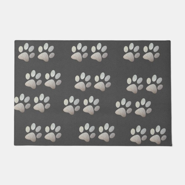 Pet paw silver glitter print on gray background doormat (Front)