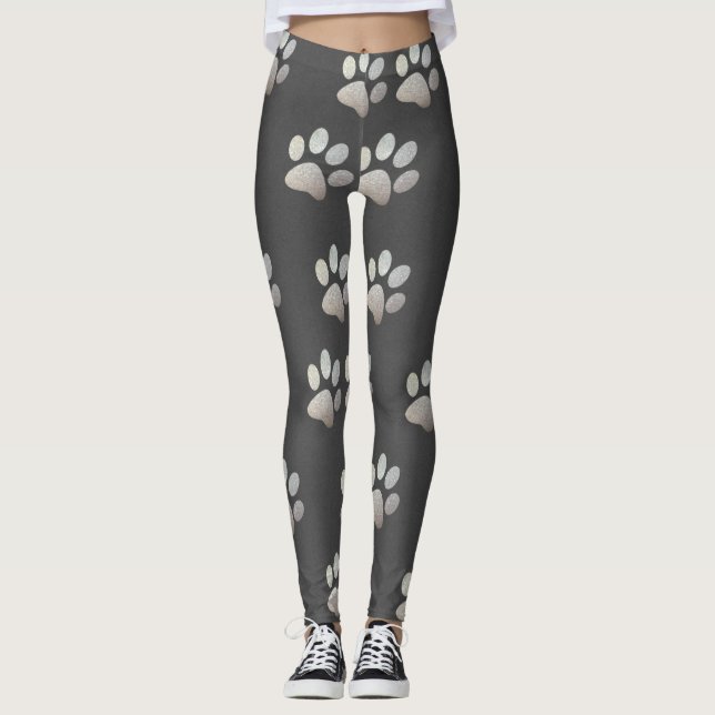 Pet paw silver glitter print on gray background leggings (Front)