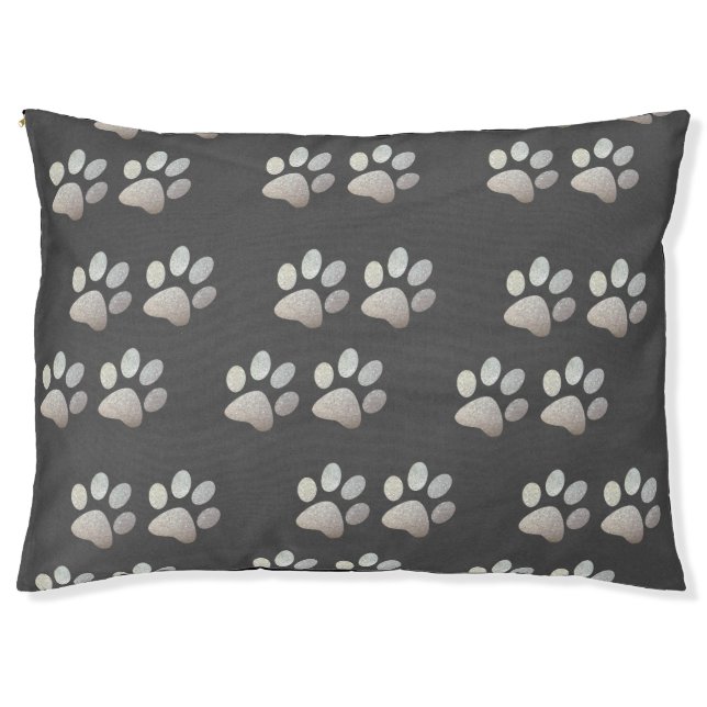 Pet paw silver glitter print on gray background pet bed (Front)
