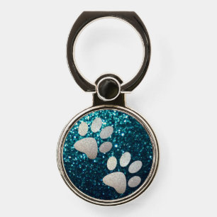 Pet paw silver print on turquoise background phone ring stand