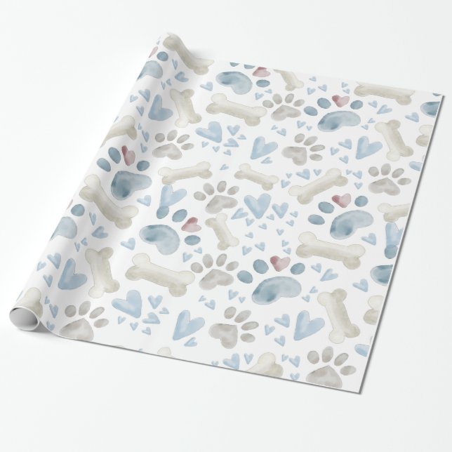 Pet Paws Bone and Hearts Wrapping Paper (Unrolled)