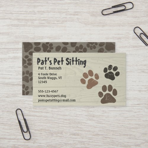 Pet Paws Dog or Cat Paw Prints Faux Weathered Wood Business Card