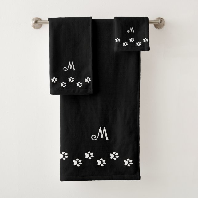 Pet Paws & Monogram on Black Bath Towel Set (Insitu)