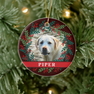 Pet Personalized Brown Photo Christmas Wreath Ceramic Ornament