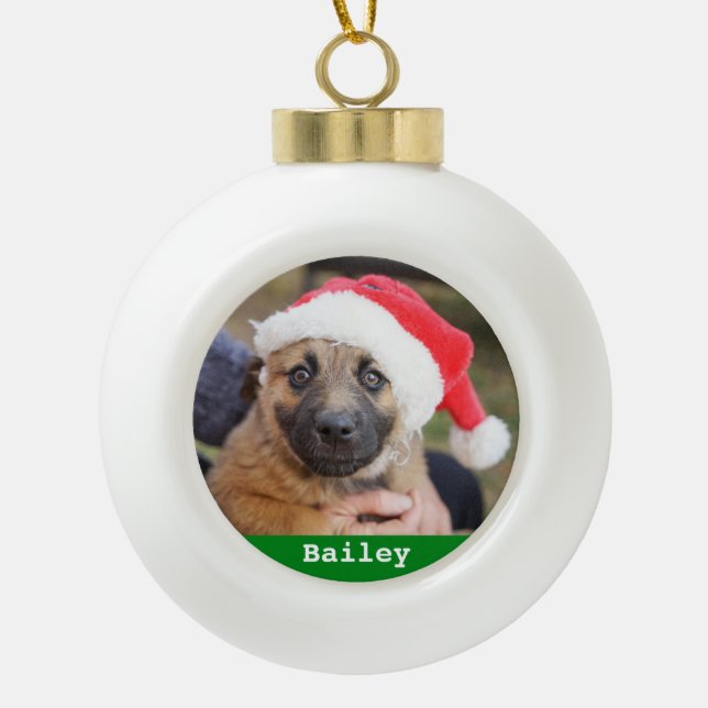 Pet Personalized Classic Red Green Pine Tree  Ceramic Ball Christmas Ornament (Front)