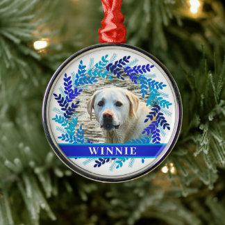Pet Personalized Photo Christmas Blue Wreath Metal Ornament