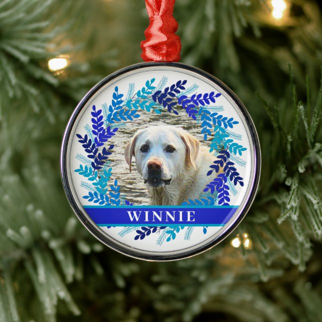 Pet Personalized Photo Christmas Blue Wreath Metal Ornament (Tree)