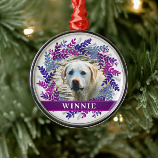 Pet Personalized Photo Christmas Purple Wreath Metal Ornament