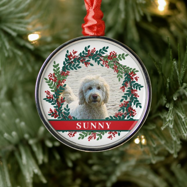 Pet Personalized Photo Christmas Wreath Metal Ornament (Tree)
