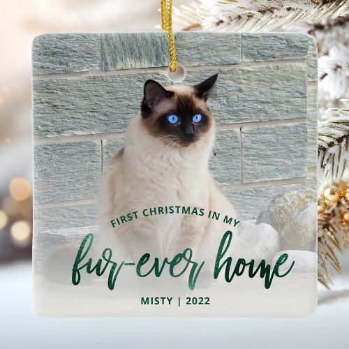 Pet Photo 1st Christmas Forever Home Emerald Green Ceramic Ornament