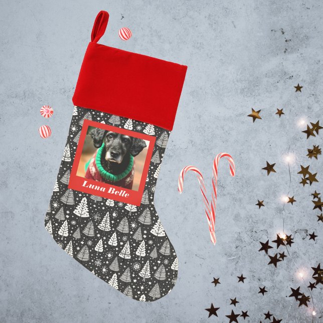 Pet Photo and Name Framed with Black & White Trees Christmas Stocking (Creator Uploaded)