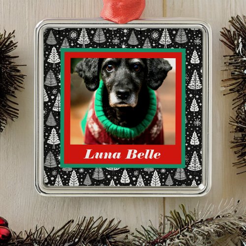 Pet Photo and Name Framed with Black  White Trees Metal Ornament