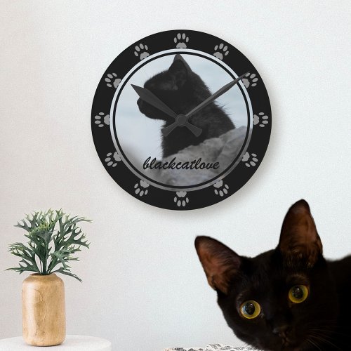Pet Photo Black Cat Name Paw Print Wall Clock