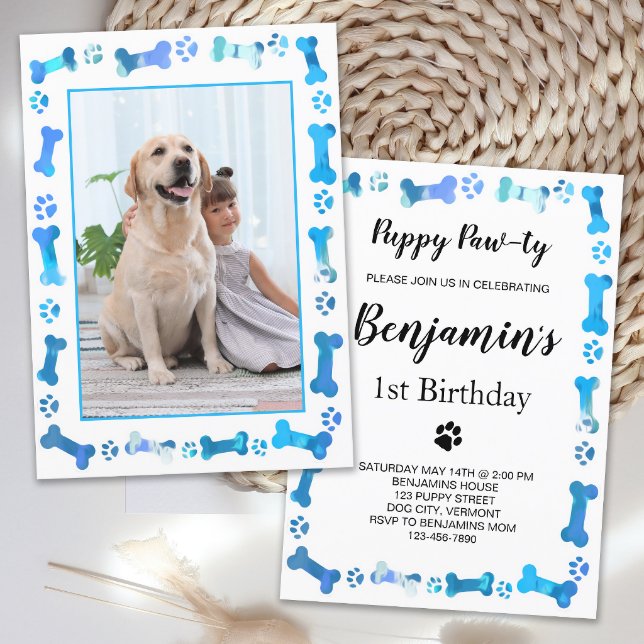 Pet Photo Blue Paw Prints Dog Birthday  Invitation