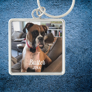 Pet Photo  Boxer White Typography Personalize Keychain